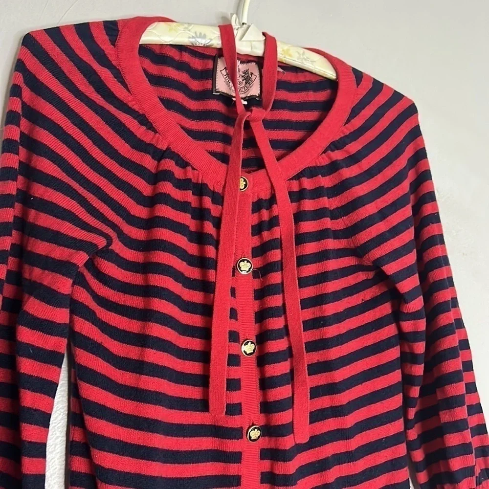 Juicy couture stripe Crown button front cardigan, sweater neck bow size small